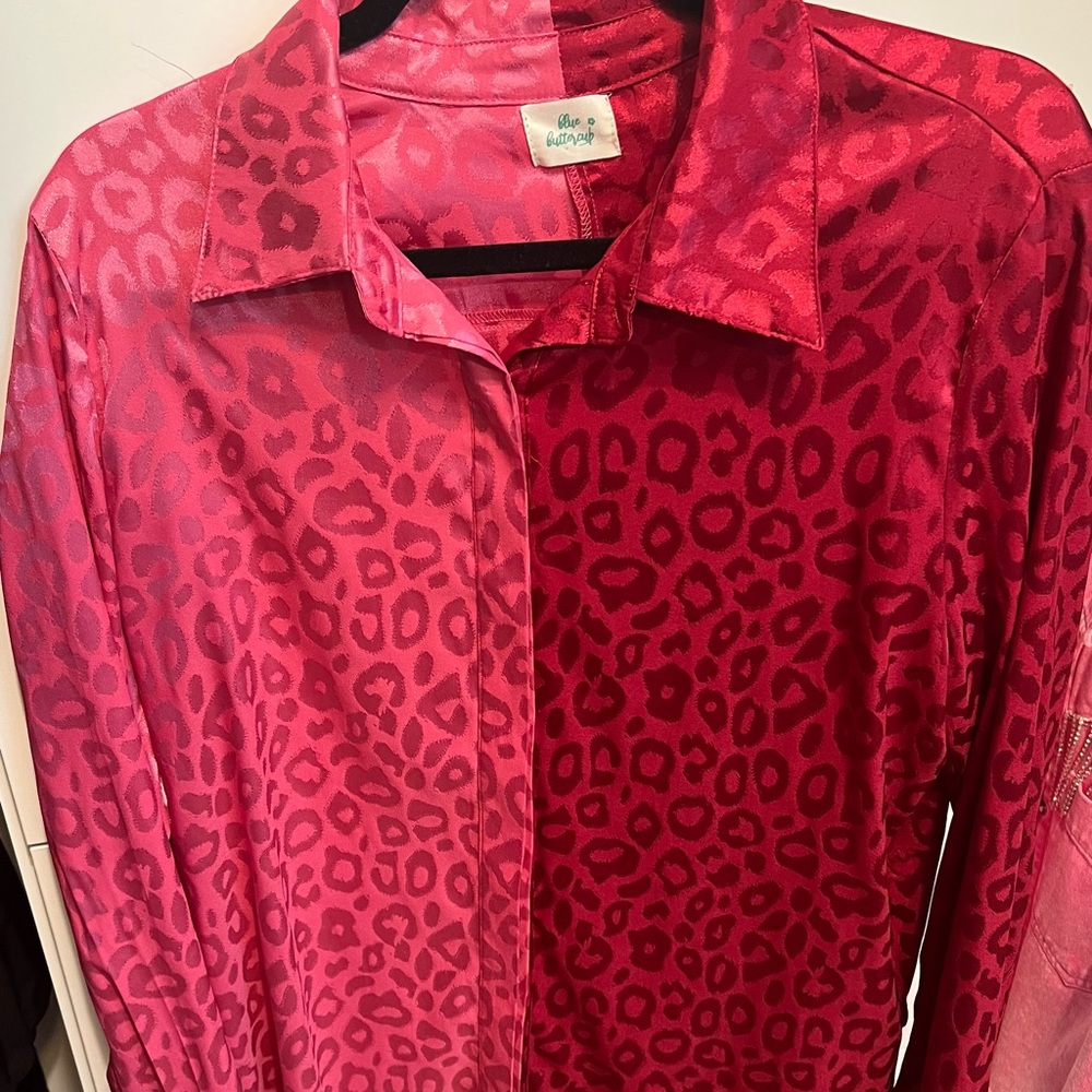 Animal Print Button Down Red And Pink Blouse - image 1